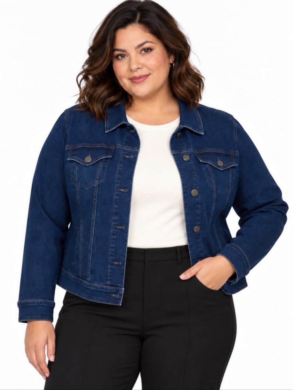 Blue Denim Button-Up Long Sleeve Stretch CroppedJacket, Plus Size 14 Lane Bryant
